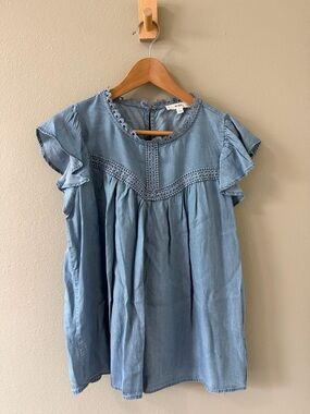 mine Light Blue Chambray Ruffle Sleeve Blouse